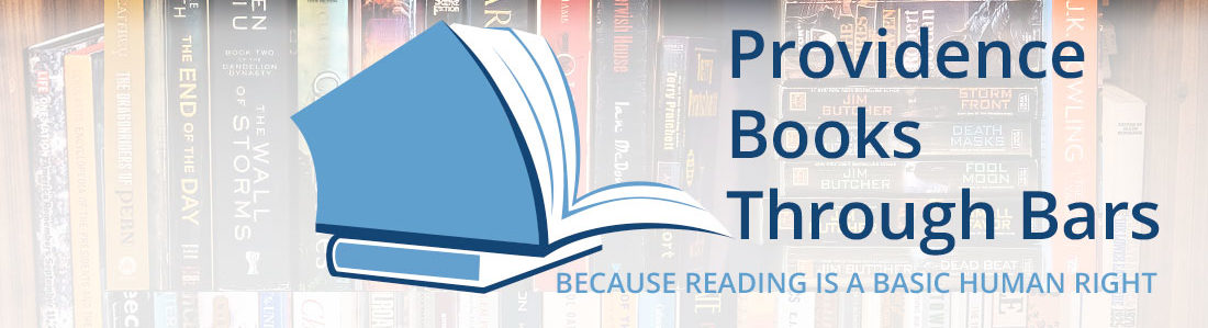 Photo of books on shelf with Providence Books Through Bars logo overlaid on top.